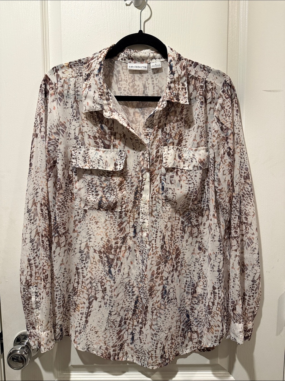 EUC Liz Claiborne Beige and Brown Printed Button-Front Blouse